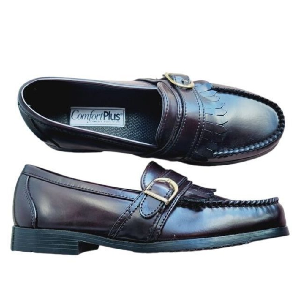 Comfort Plus 7 Style Rich Brown Faux Leather Loafer Gold Buckle Career Work NWOB
